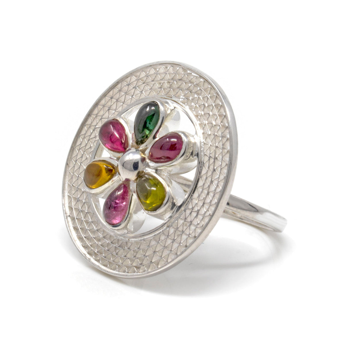 Multi Tourmaline Flower Ring - 6 Pear Cabochon Petals Set in Center Of Silver Mesh Open Circle Sz7
