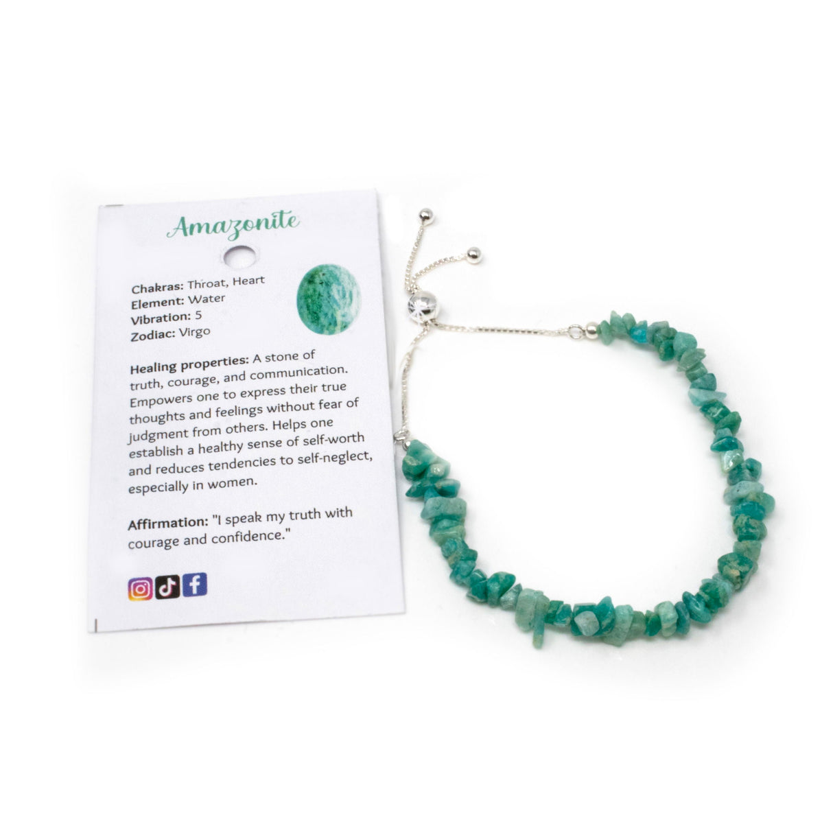 Amazonite Chip Beaded Bracelet with 925 Sterling Silver Adjustable Ball & Chain