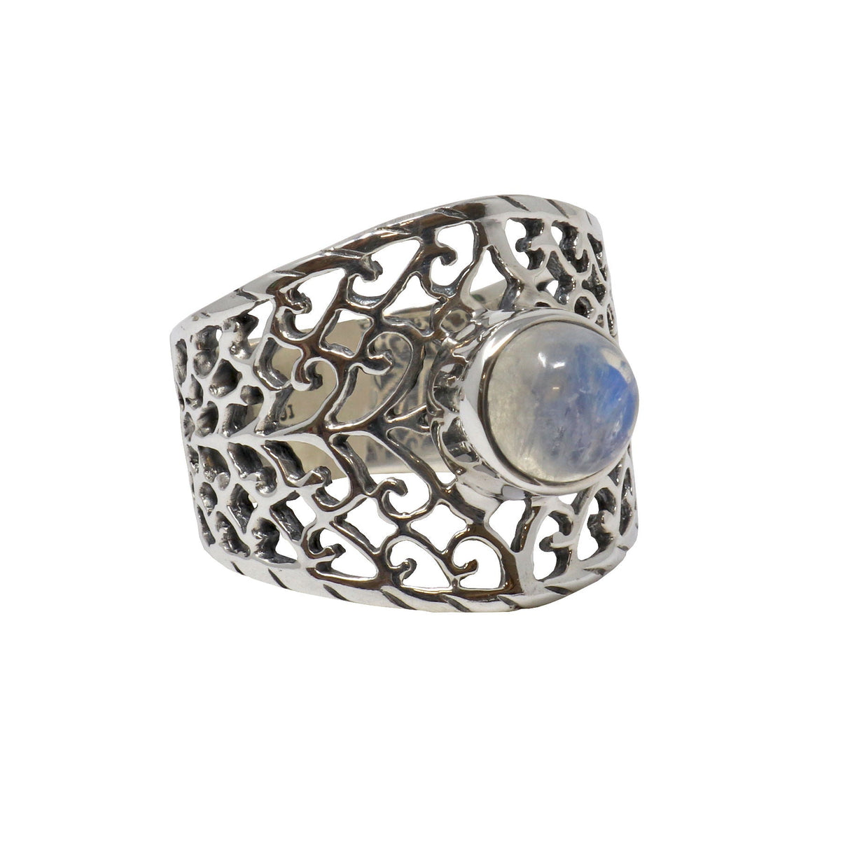 Rainbow Moonstone Ring Size 9 - Bezel Set Round on Wide Band with Open Filigree Design
