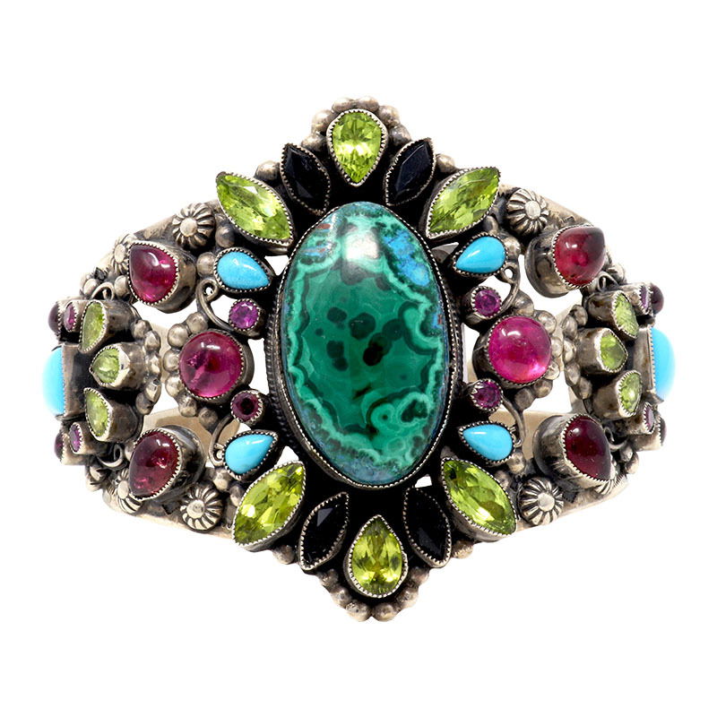 Leo Feeney Malachite & Chrysocolla Cuff Bracelet with Peridot, Pink Tourmaline, Sleeping Beauty Turquoise, Garnet & Black Onyx