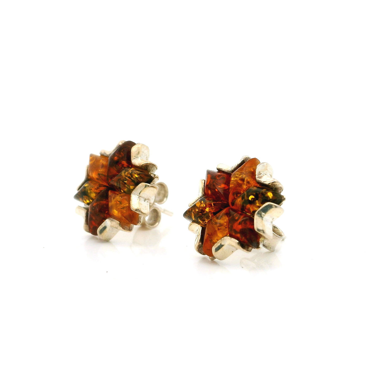 Multi Amber Stud Earrings - Classic Quad Colors with Angular Design