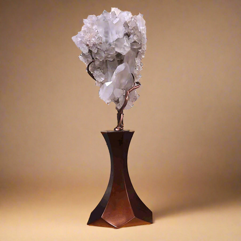 Brazilian Tourmalated Quartz Cluster with Citrine Druze Back on Custom Vine Rotating Hexagonal Tapered Base