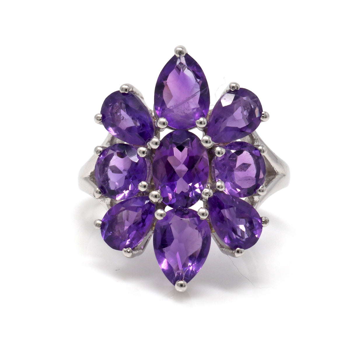 Amethyst Ring with 9 Faceted Stones in Shape of Dahlia Flower Set on Silver Band with Cutout Top - Prong Set