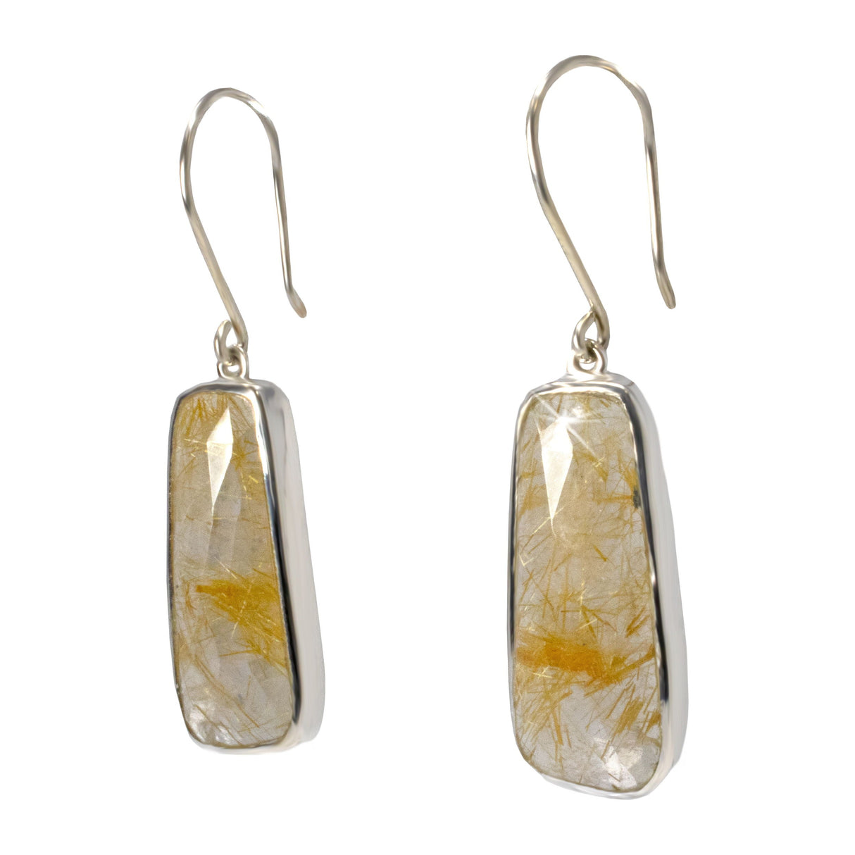 Golden Rutilated Quartz Dangle Earrings - Faceted Elongated Rectangle with Silver Bezel