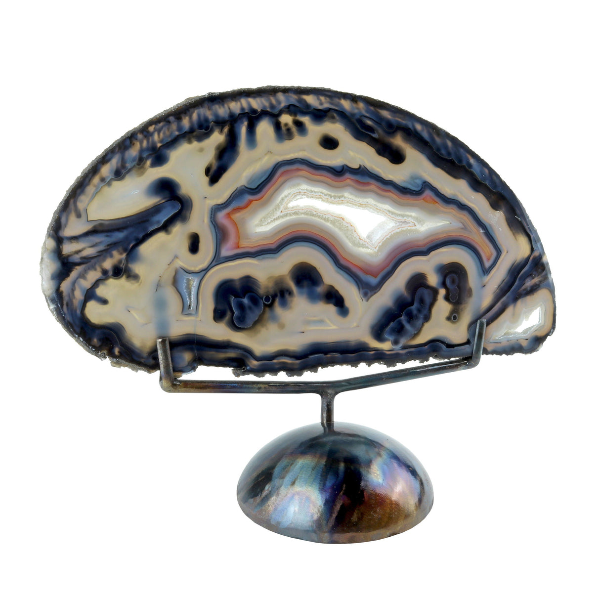 Agate Slice in Custom Stand - Blue Banded with Druze Center Pocket