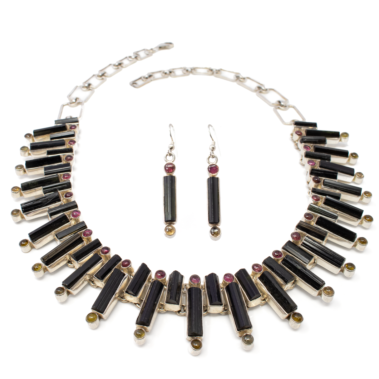 View of Green Tourmaline Crystal Necklace And Earring Set With Green & Pink Round Cabochons