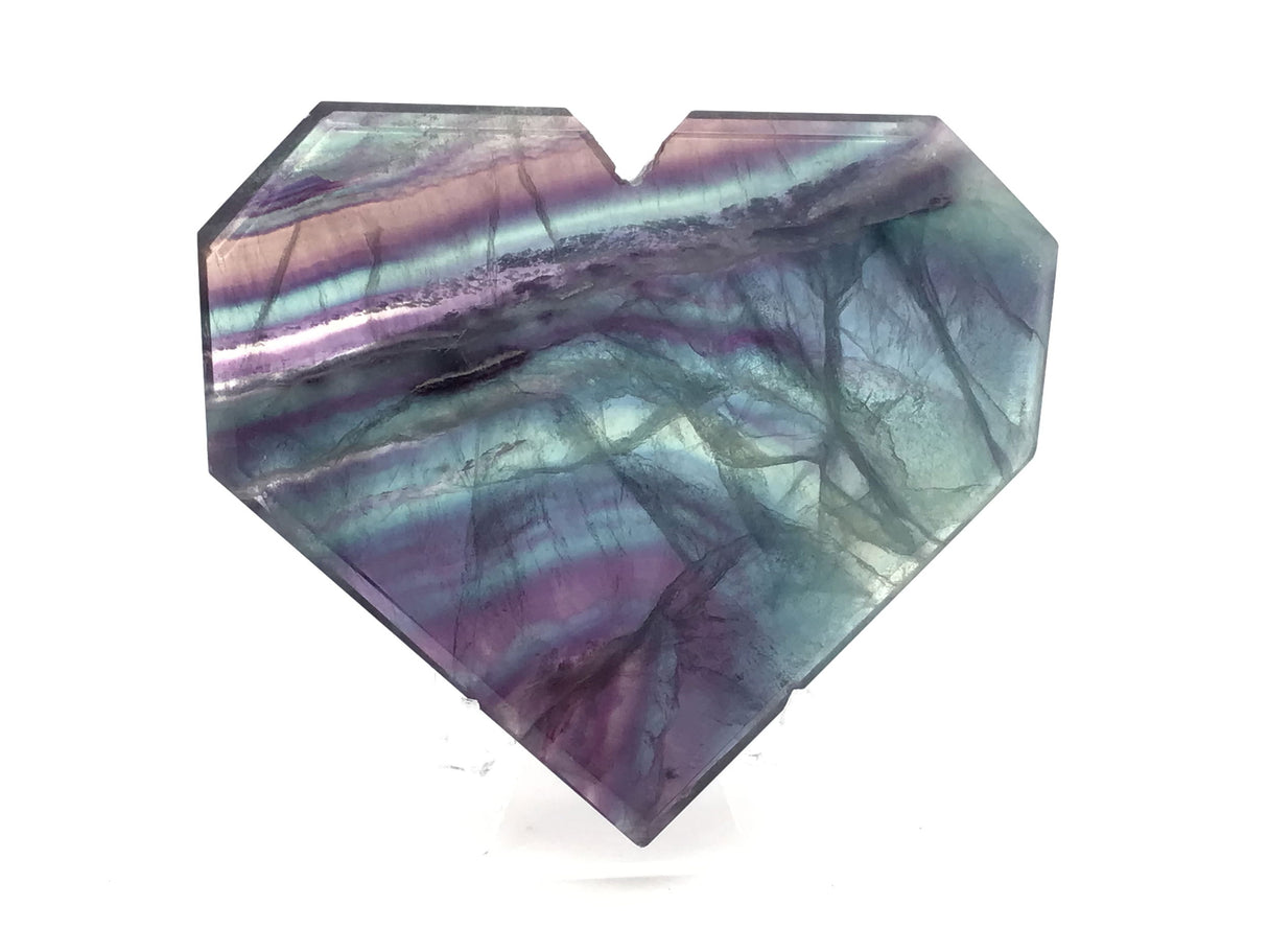 Rainbow Fluorite Heart - Flat with Faceted Faces on Lucite Stand (Diagonal Banding with Large Purple Section at Tip)
