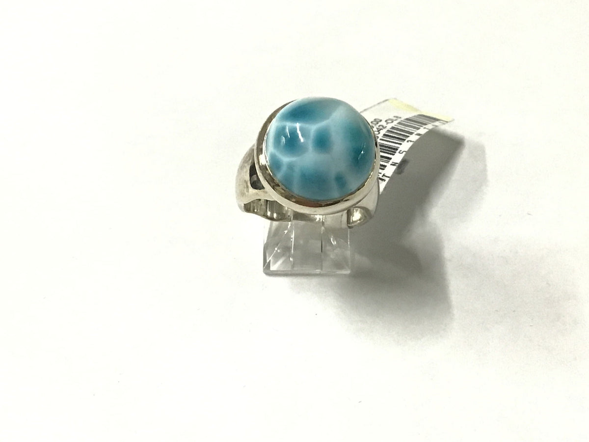 Larimar round domed cabochon ring bezel set on a simple silver band