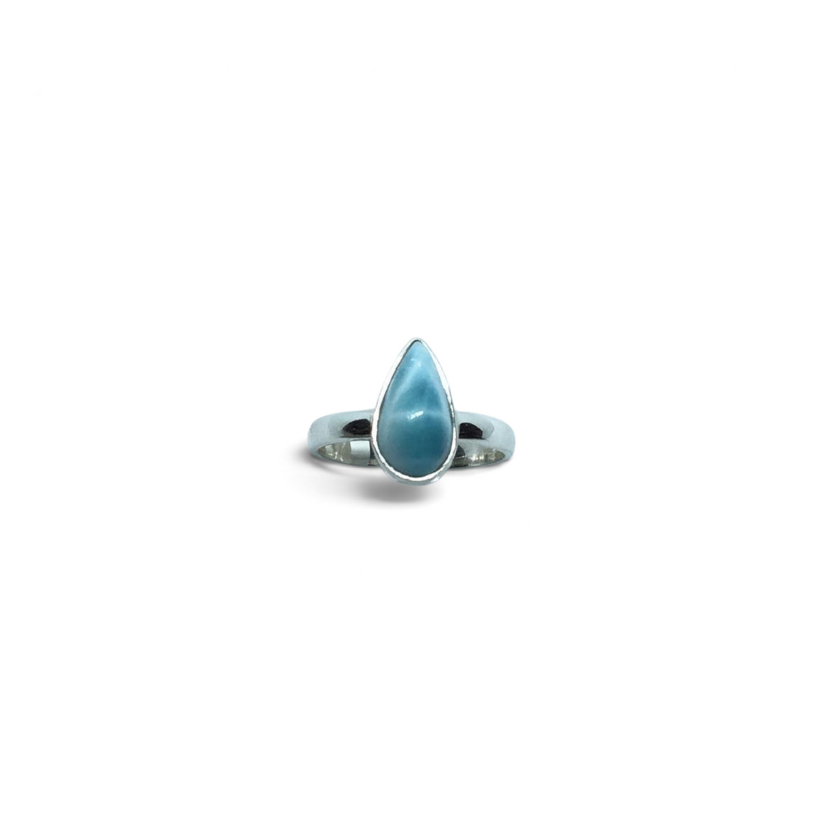 Rare Earth Gallery pear-shaped larimar cabochon ring set in a polished 925 sterling silver bezel