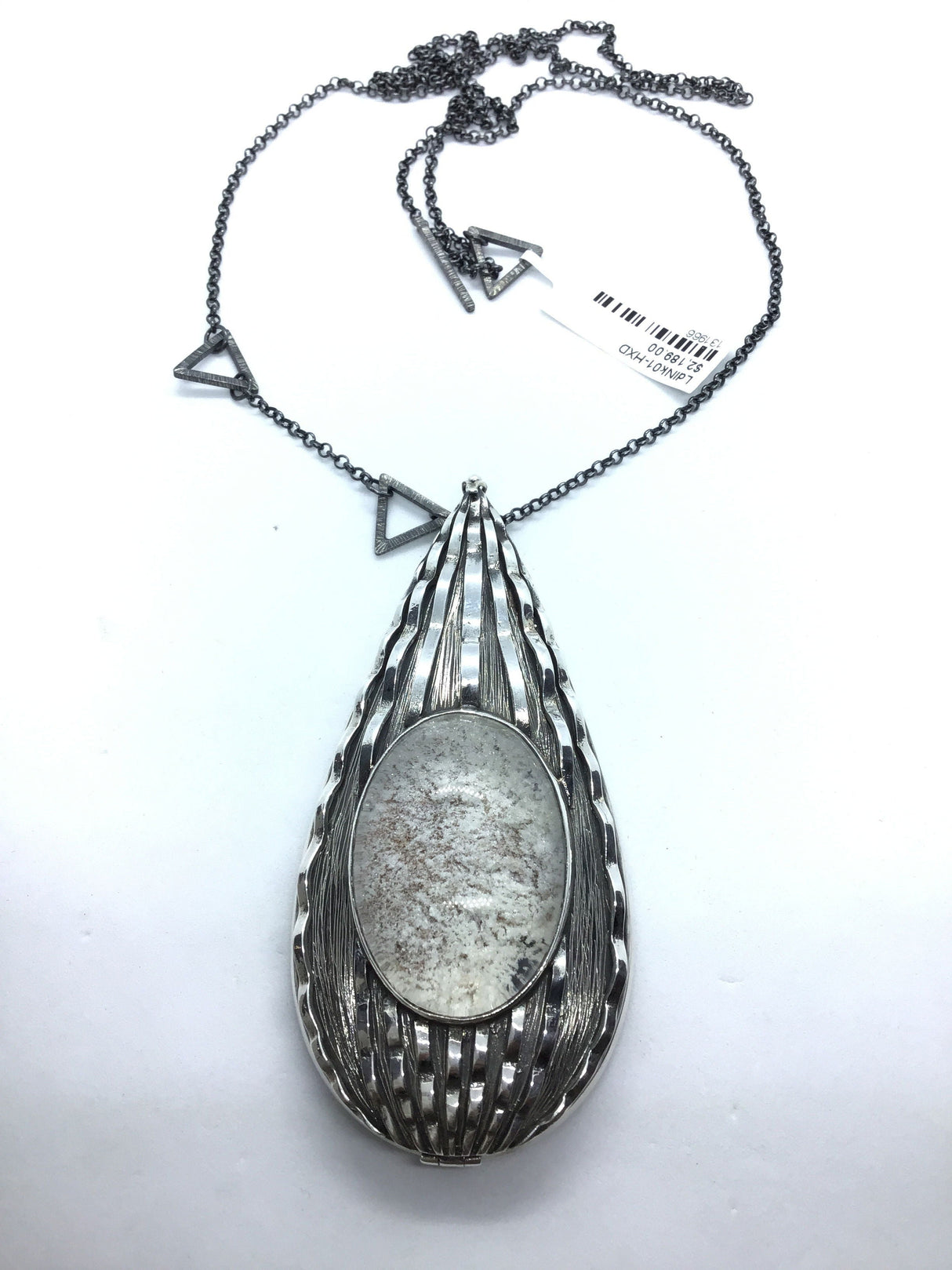 Lodolite Pendant With Toggle Chain - Large Oval Cabochon With Glittering White Inclusions Bezel Set In Avant-garde Flowing Silver Pear With Textured Layers - Opens Into Locket On Toggle Chain With 3 Length Options