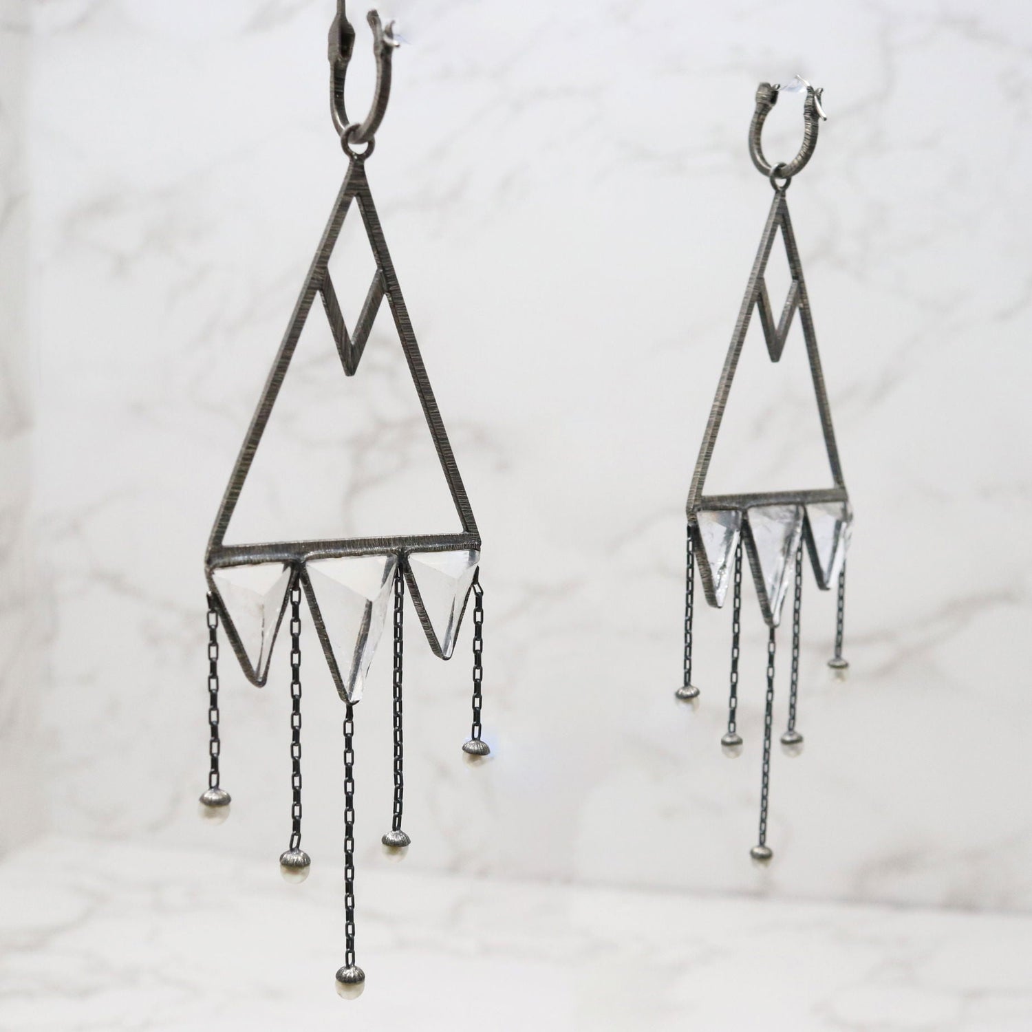 Quartz Dangle Earrings - Avant-Garde Triangle Trio on Large Open Silver Triangle with Brushed Rhodium & Dangling Pearls
