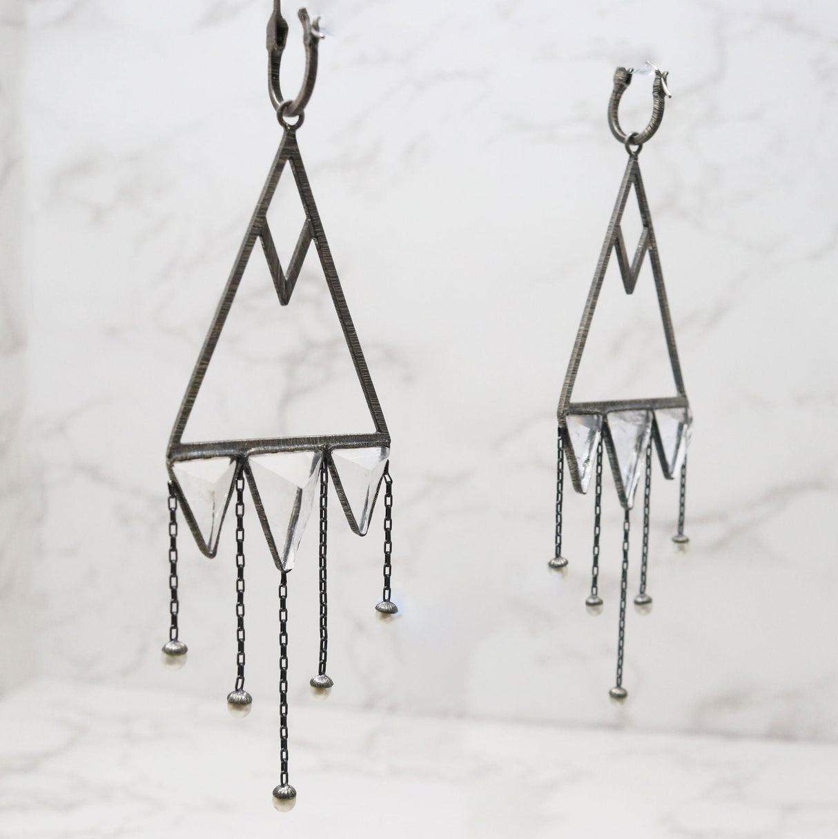 Quartz Dangle Earrings - Avant-Garde Triangle Trio on Large Open Silver Triangle with Brushed Rhodium & Dangling Pearls