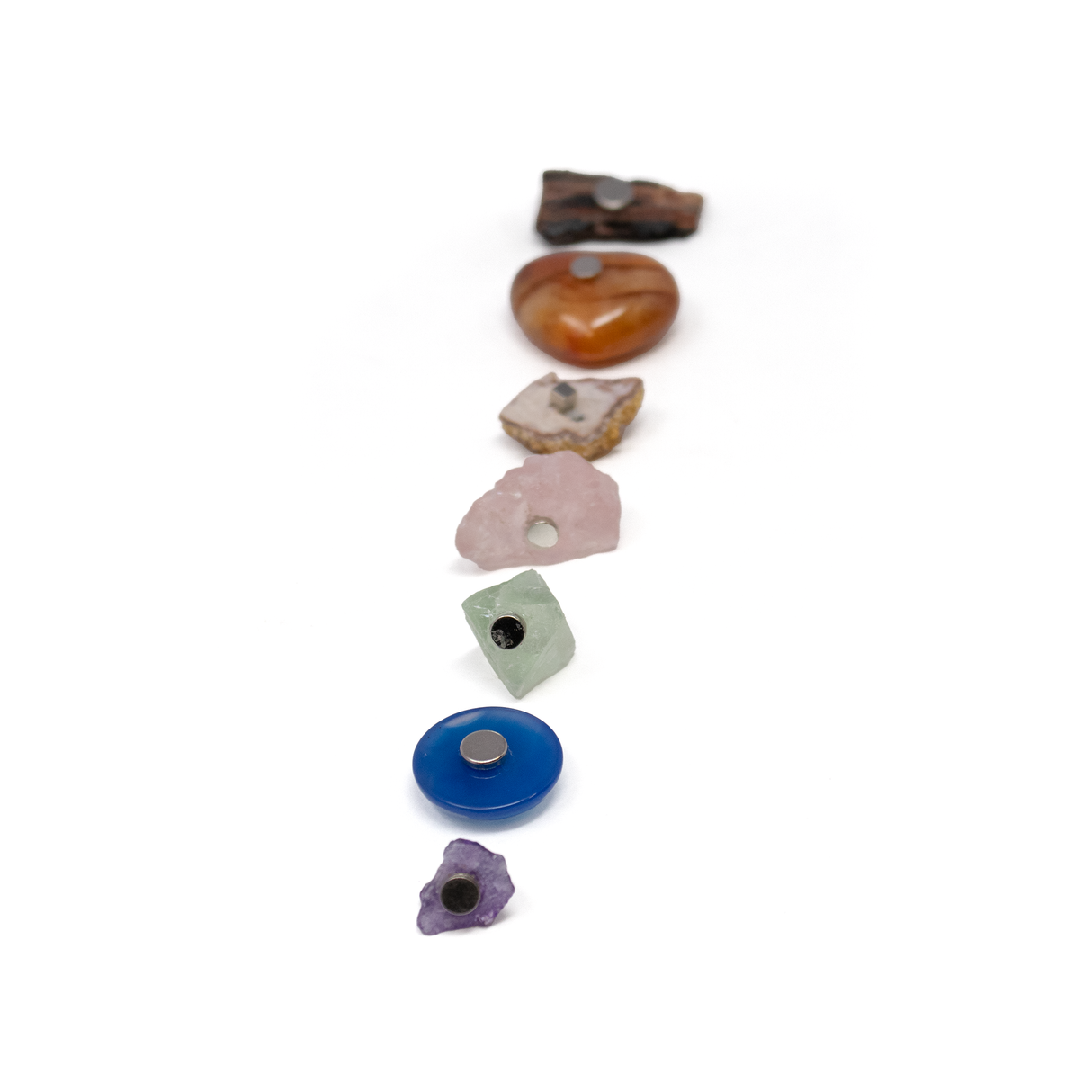 7 Chakra Magnet Set - Set 1 with Amethyst Crystal, Dyed Blue Chalcedony Cabochon, Raw Fluorite Cubic Crystal, Raw Rose Quartz from Brazil, Citrine Crystal Cluster, Carnelian Heart & AZ Petrified Wood