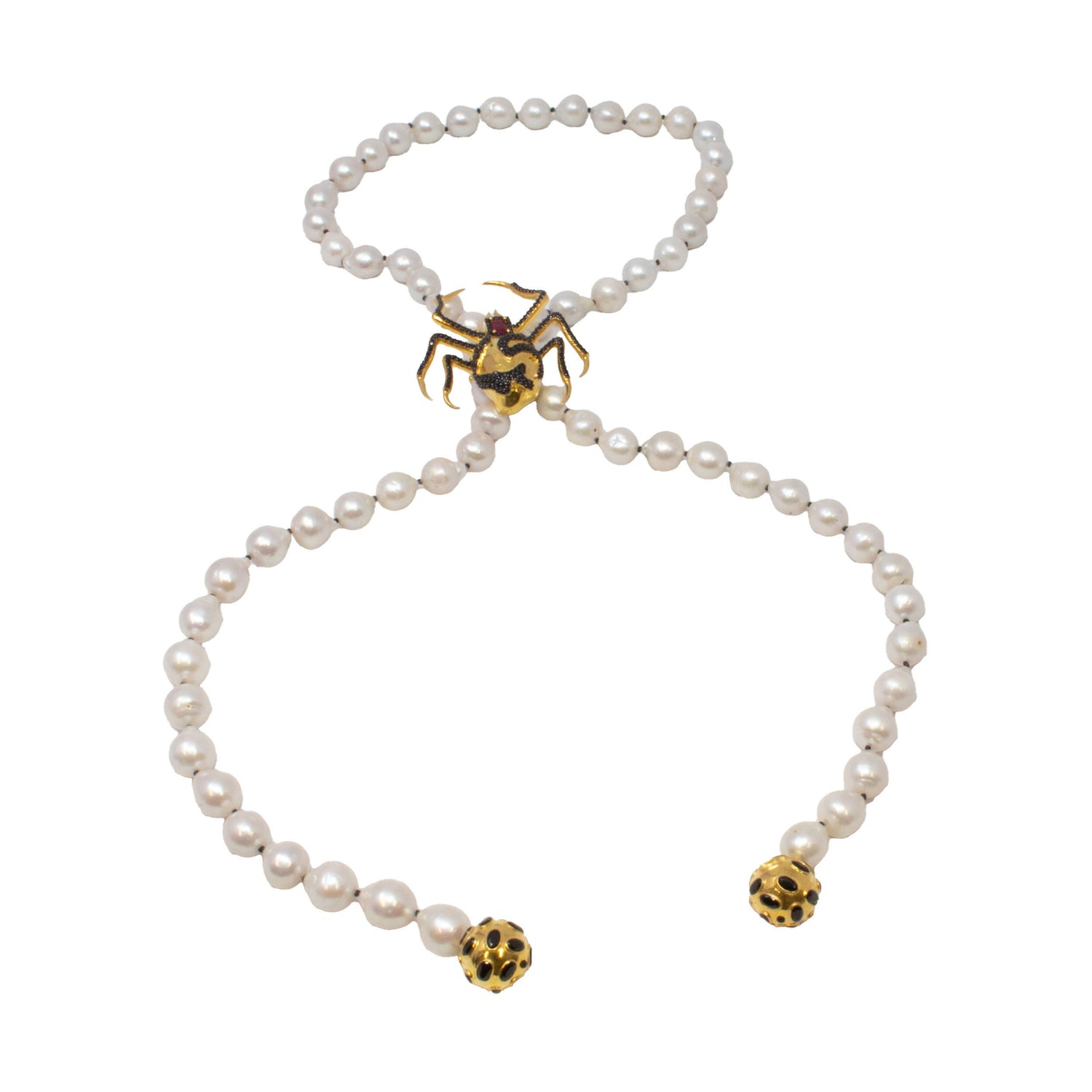 Baroque Pearl Necklace - Lariat-Style Baroque Pearl Necklace with Gold Vermeil Spheres with Dark Faceted Stones & Removable Gold Vermeil Spider with Black Nano Stones in 925 Sterling Silver