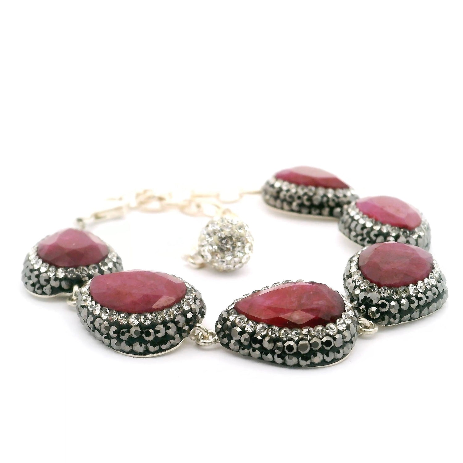 Ruby Link Bracelet - 6 Pear Links Surrounded by Marcasite & Silver Swarovski Crystals in 925 Sterling Silver