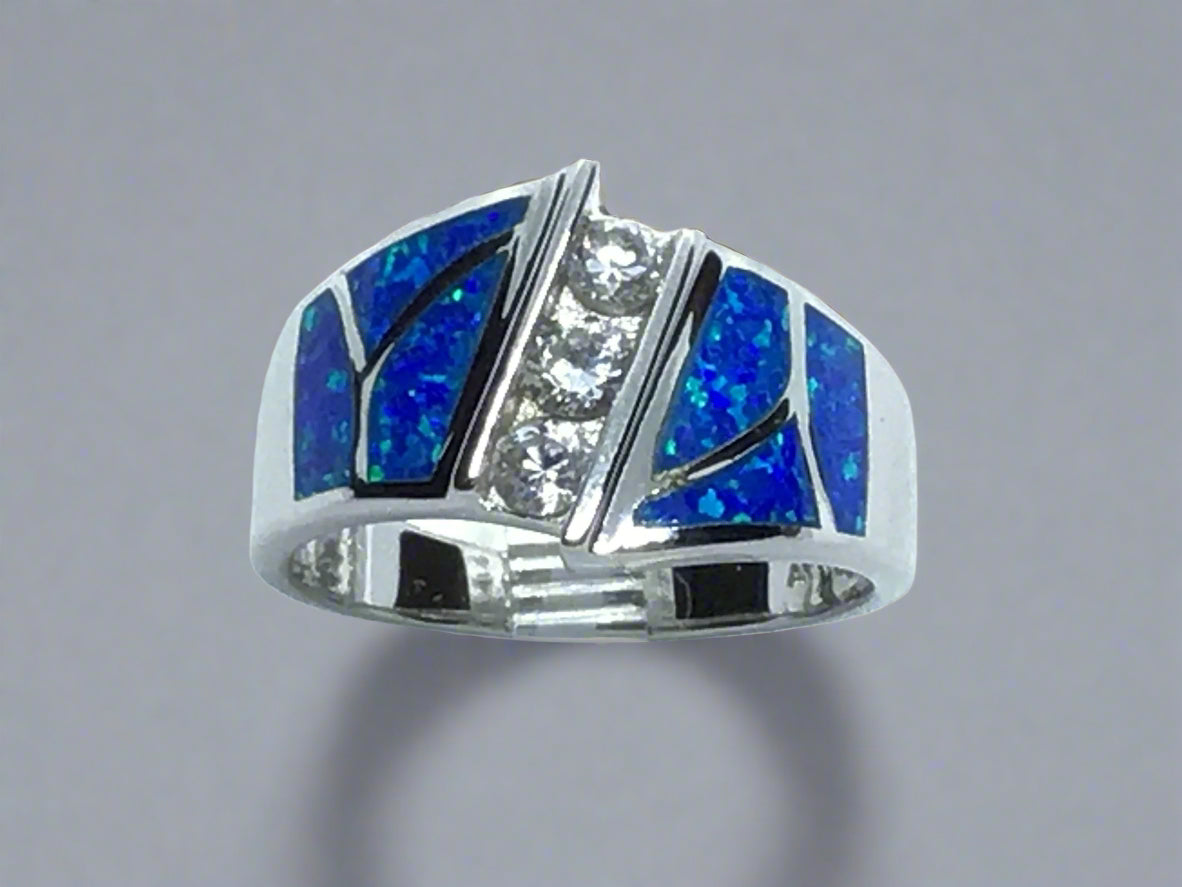 Blue Opal Inlay Art Deco Ring With 3 White Czs Stacked Sz9