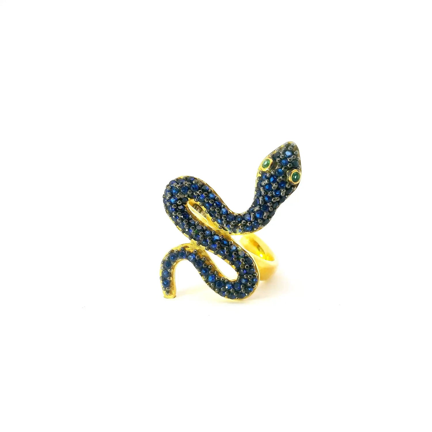 Nano Stone Ring - Blue Snake with Green Eyes in Gold Vermeil over 925 Sterling Silver szAdj.