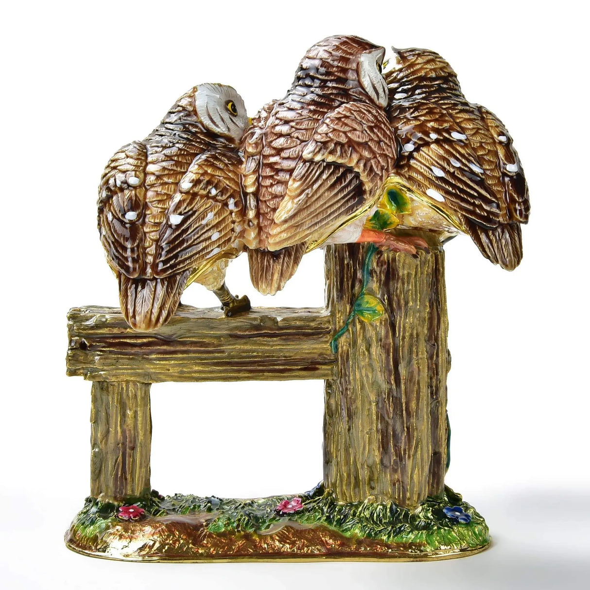 Owl Family on Branch Figurine Jewel Box