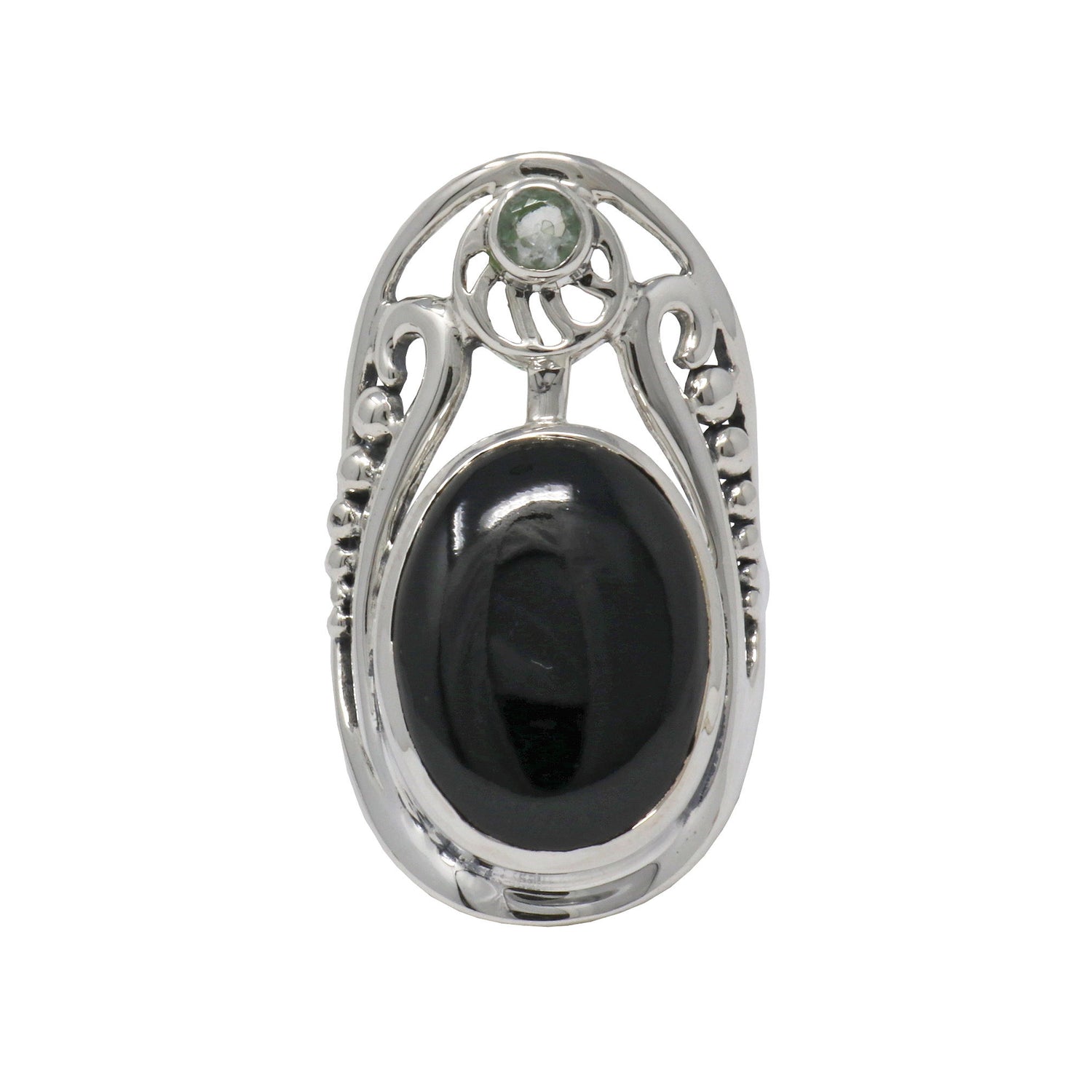Black Onyx Ring - Oval Cabochon with Faceted Round Prasiloite