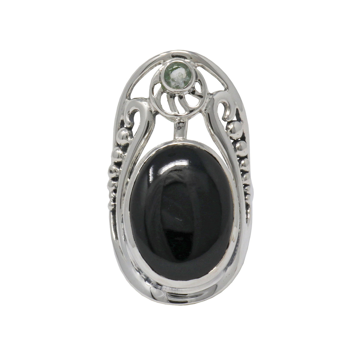 Black Onyx Ring - Oval Cabochon with Faceted Round Prasiloite