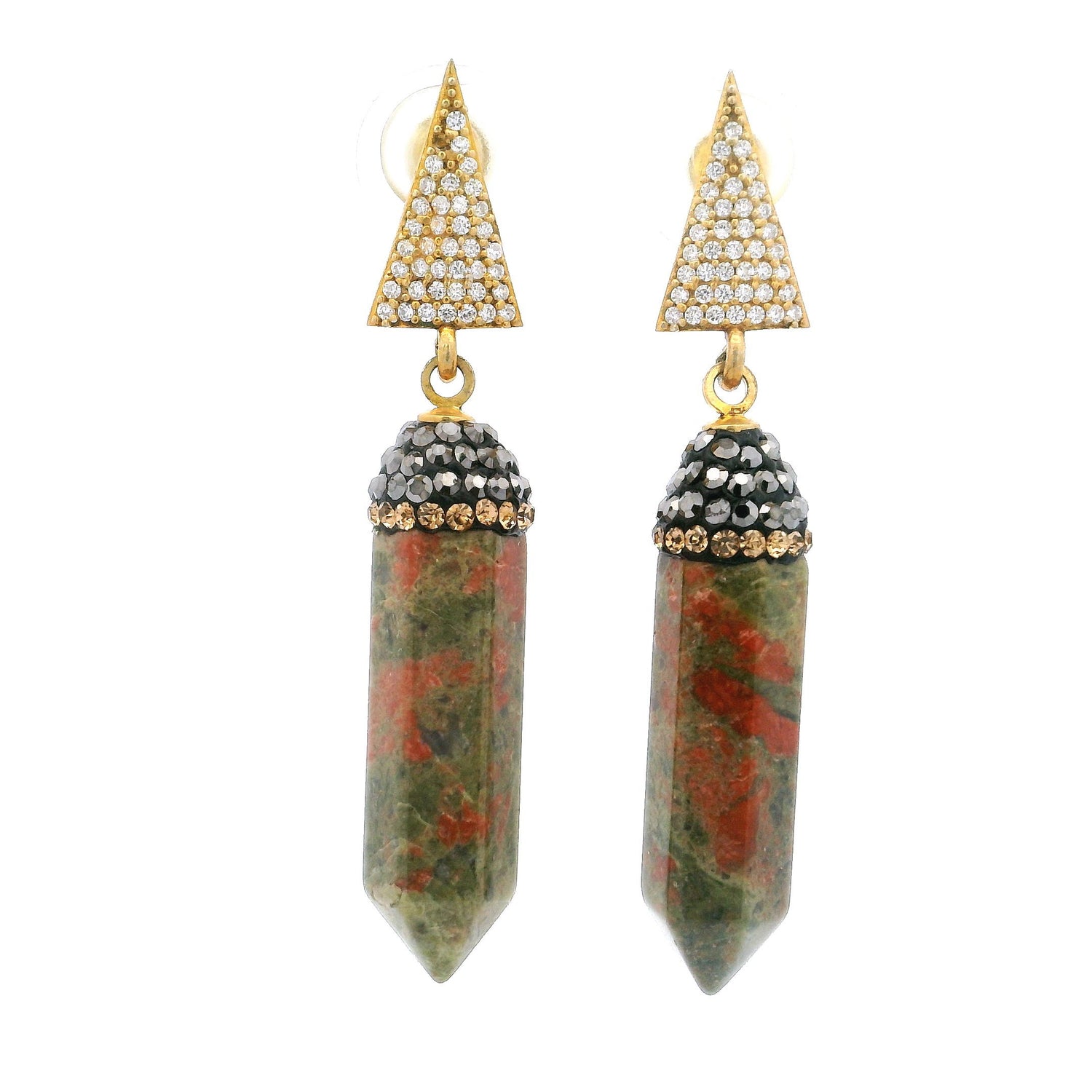 Unakite Dangle Earrings - Point Lantern Set with Gold Swarovski Crystals & Marcasite Hanging from Triangle with Gold Vermeil in 925 Sterling Silver