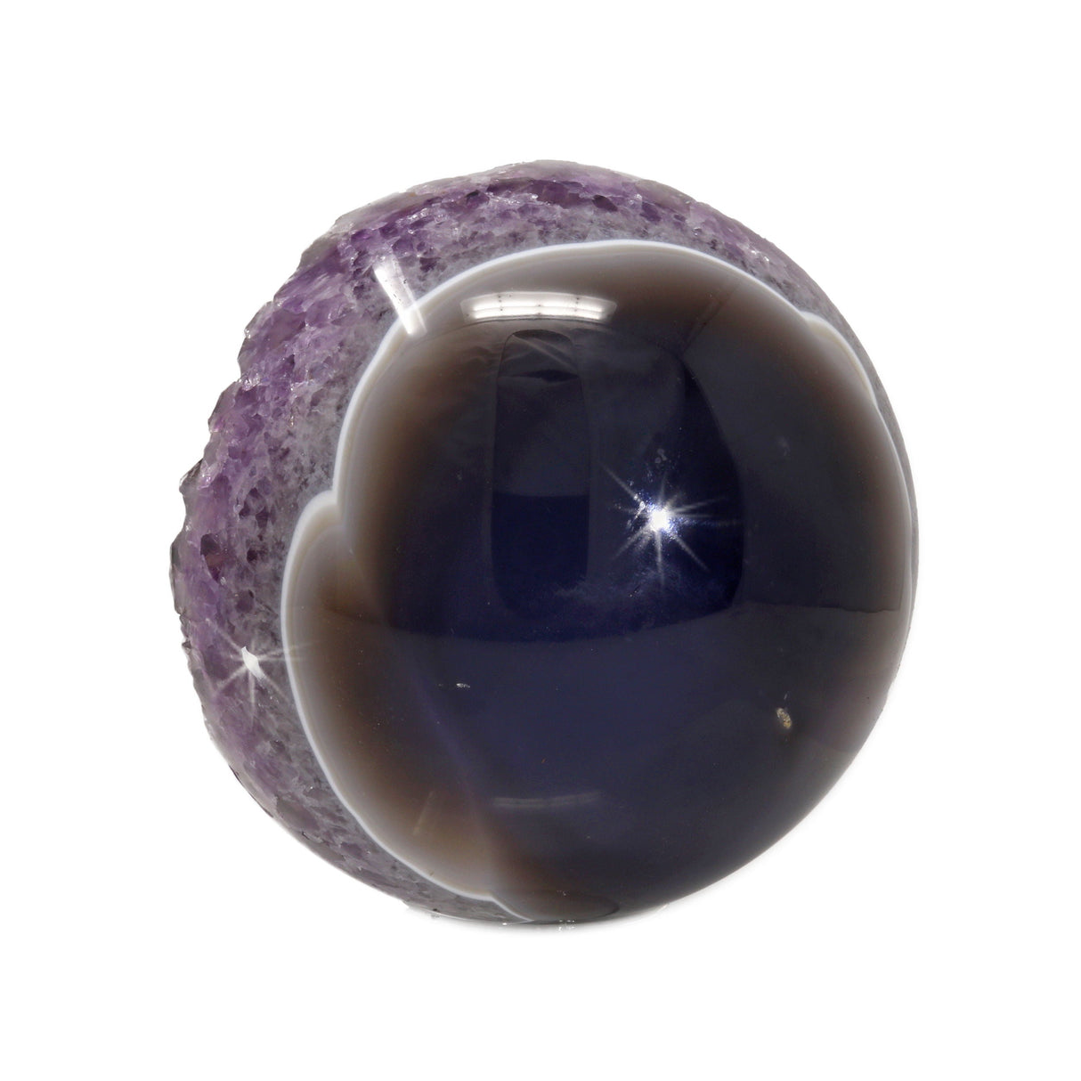 Amethyst Geode Sphere with Crystal Crevasse & Deep Blue Agate on Lucite Ring Stand
