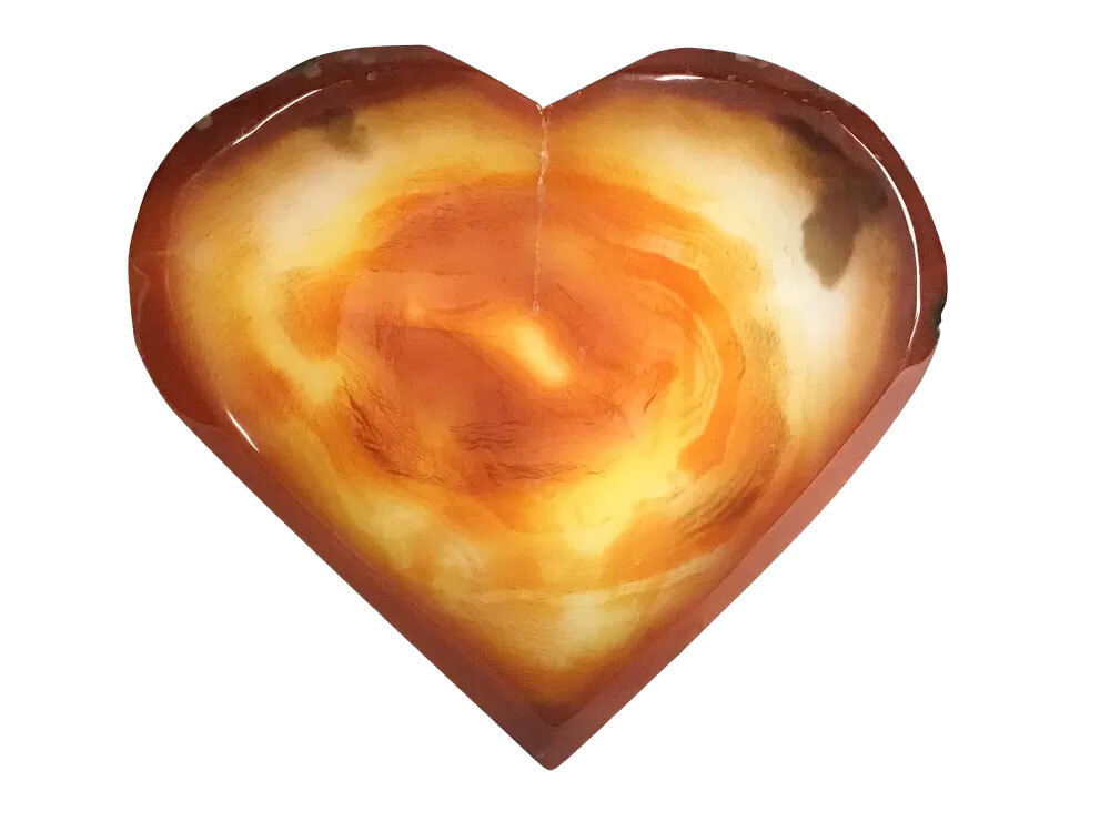 Sardonyx Carnelian Agate Heart Flat with Druze on Lucite Stand - Orange Banding Surrounding Large White Sugar Druze Pocket & Dark Inclusion on One Curve