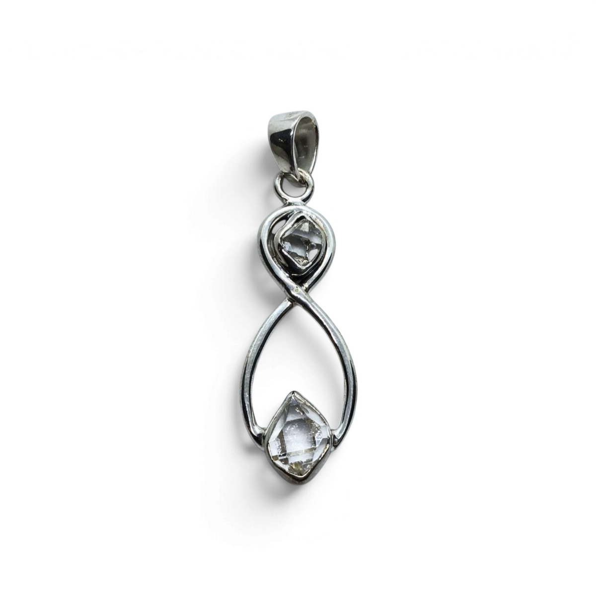 Rare Earth Gallery Herkimer diamond pendant featuring two freeform crystals set in a 925 sterling silver infinity loop