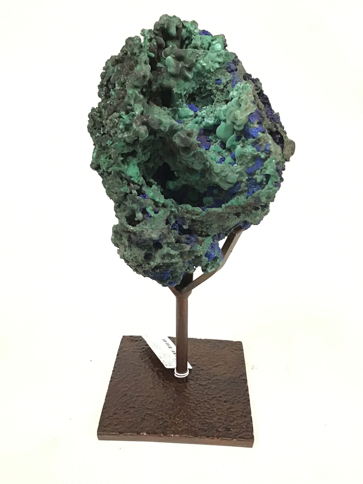 Azurite Malachite Druze Specimen On Custom Stand - Spacious Fiberous & Botryoidal Malachite with Deep Blue to Vibrant Azurite Crystals