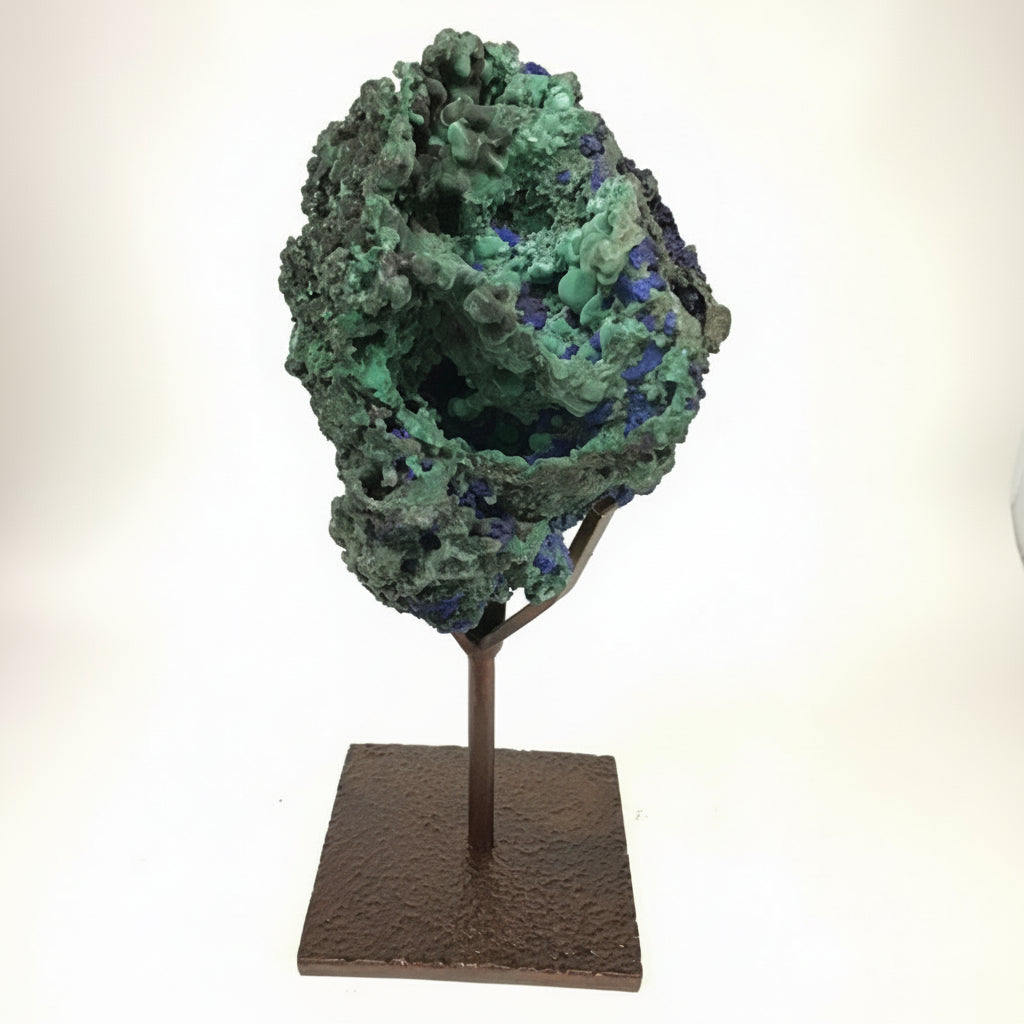 Azurite Malachite Druze Specimen On Custom Stand - Spacious Fiberous & Botryoidal Malachite with Deep Blue to Vibrant Azurite Crystals