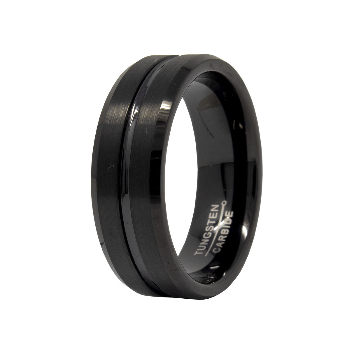 Sleek Black Tungsten Ring Featuring A Polished Center Groove
