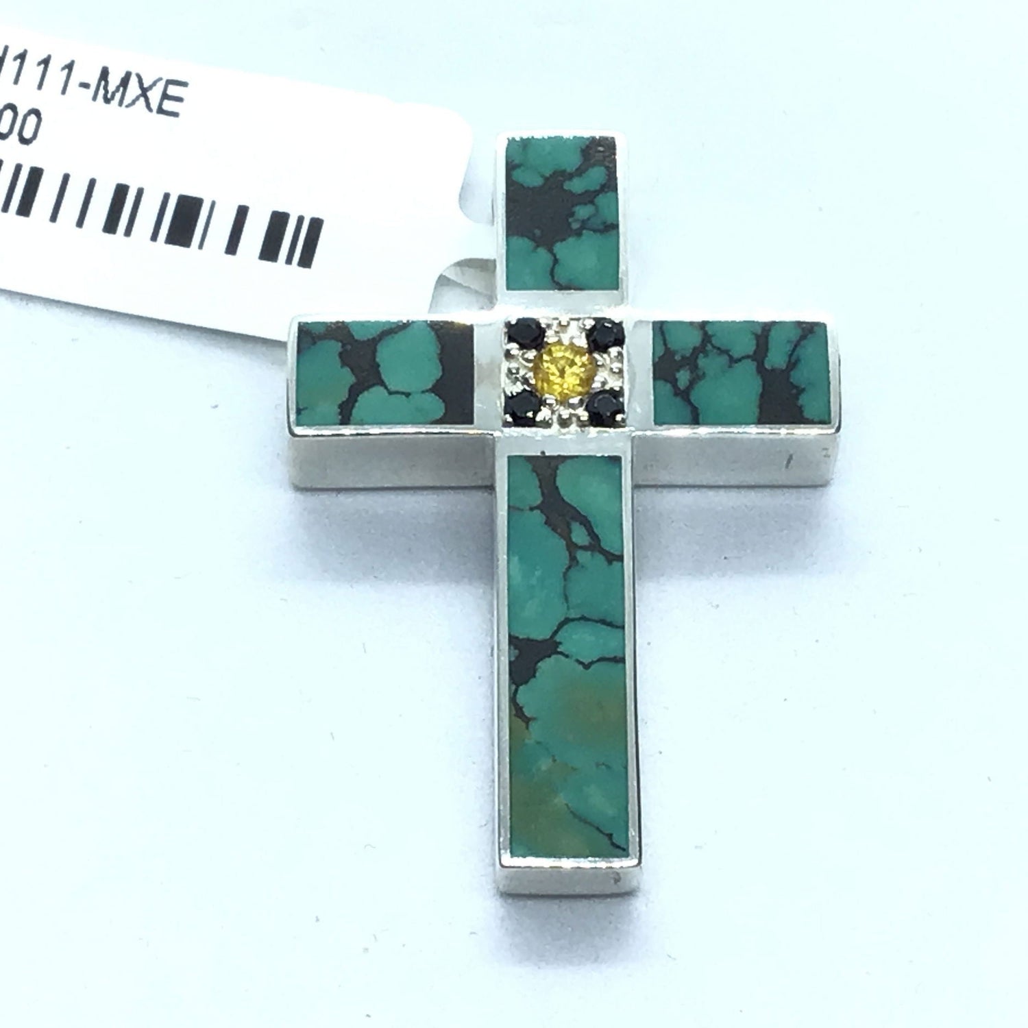 Chinese Turquoise Cross Pendant With Black And Yellow Sapphires In Center