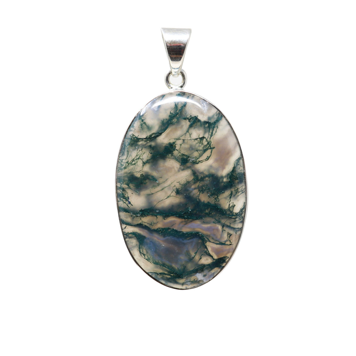 Moss Agate Pendant - Classic Oval Cabochon with Simple 925 Sterling Silver Bezel