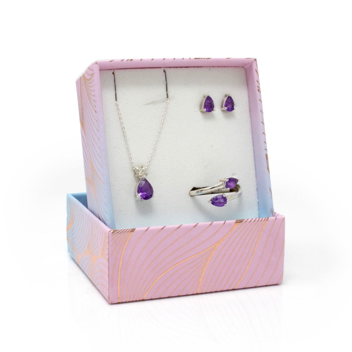 Faceted Amethyst Set with Necklace & Stud Earrings & Duo Ring with Open Top - Faceted Prong Set Pear Size 7