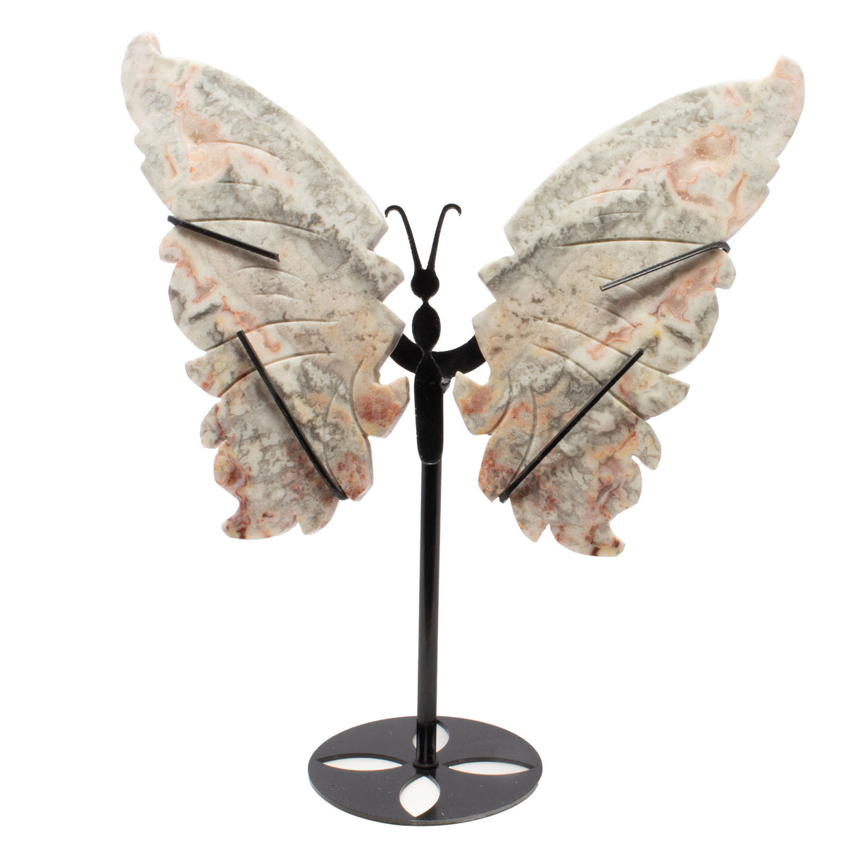 Crazy Lace Agate Butterfly Wings Carving with Stand