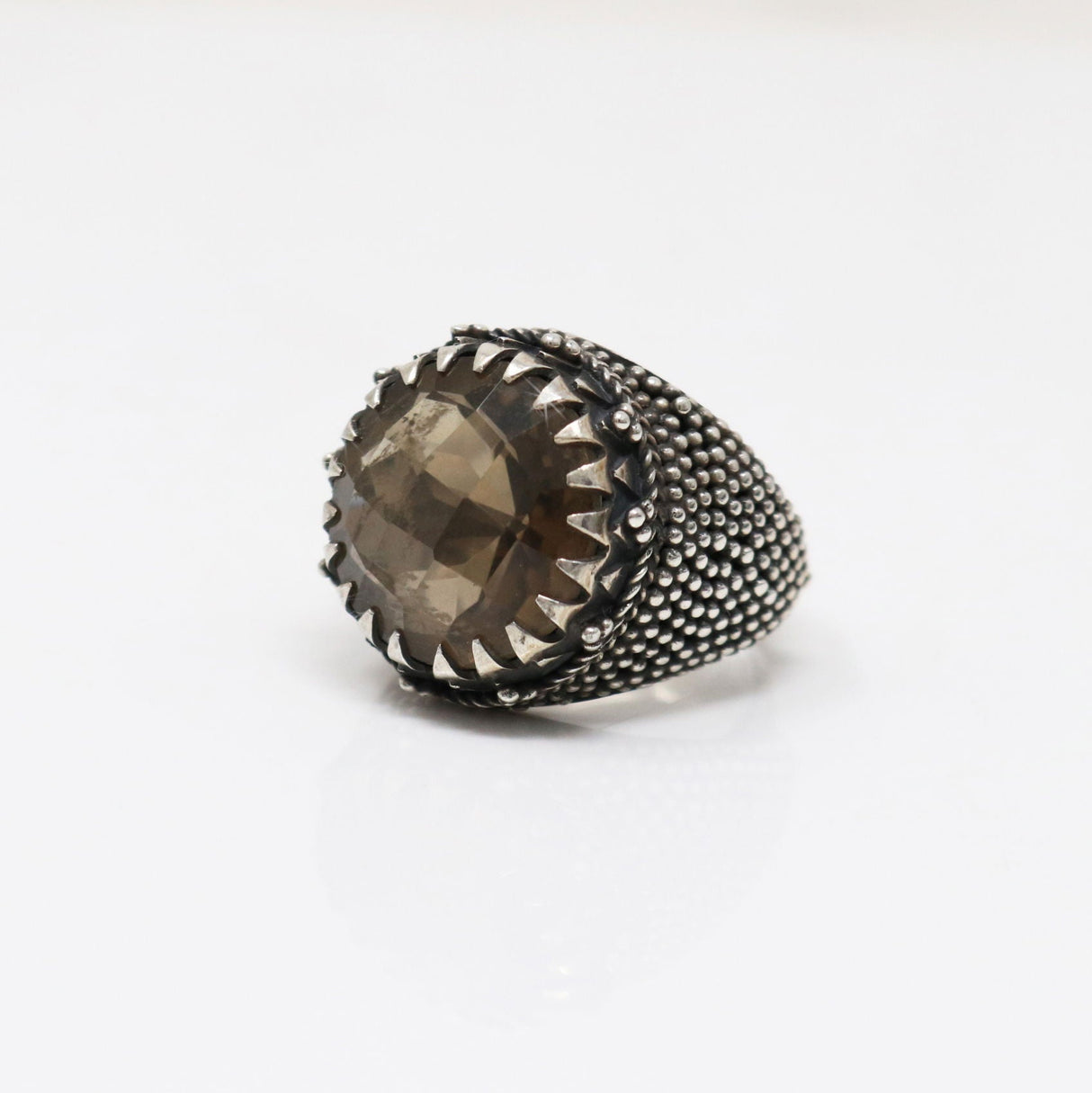Smoky Quartz Ring - Faceted Round on Bead Textured Band Sz9