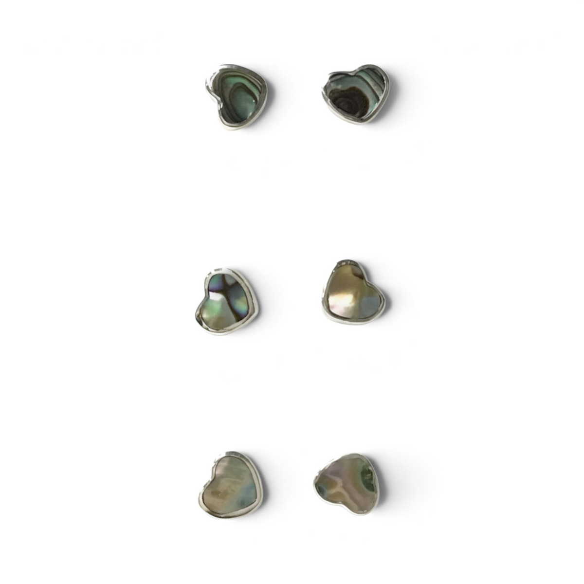 Rare Earth Gallery mini heart stud earrings featuring iridescent abalone shell in a polished silver bezel setting.