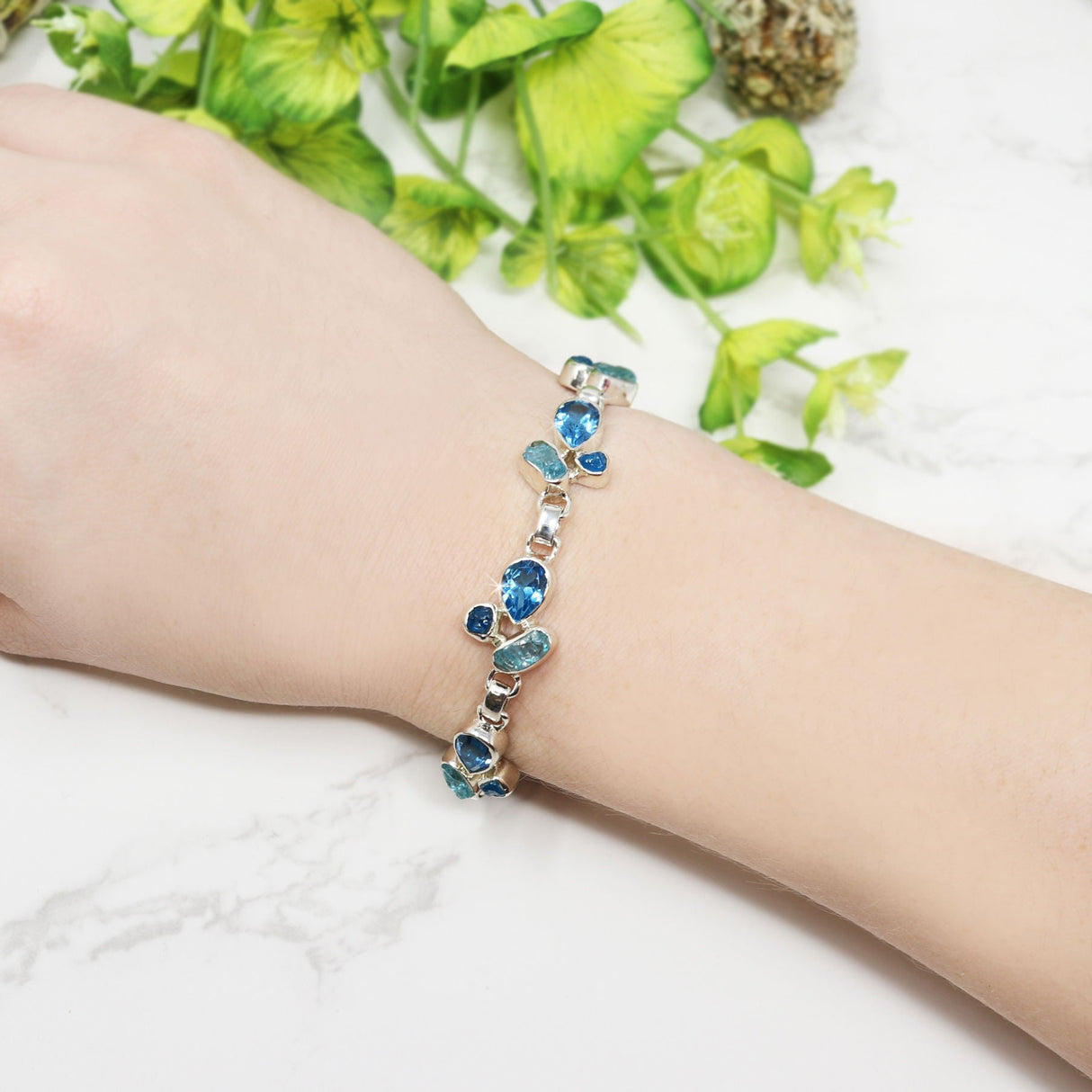 Blue Topaz Link Bracelet - 7 Faceted Pears with 14 Rough Blue Apatite Freeforms & 925 Sterling Silver Bezels