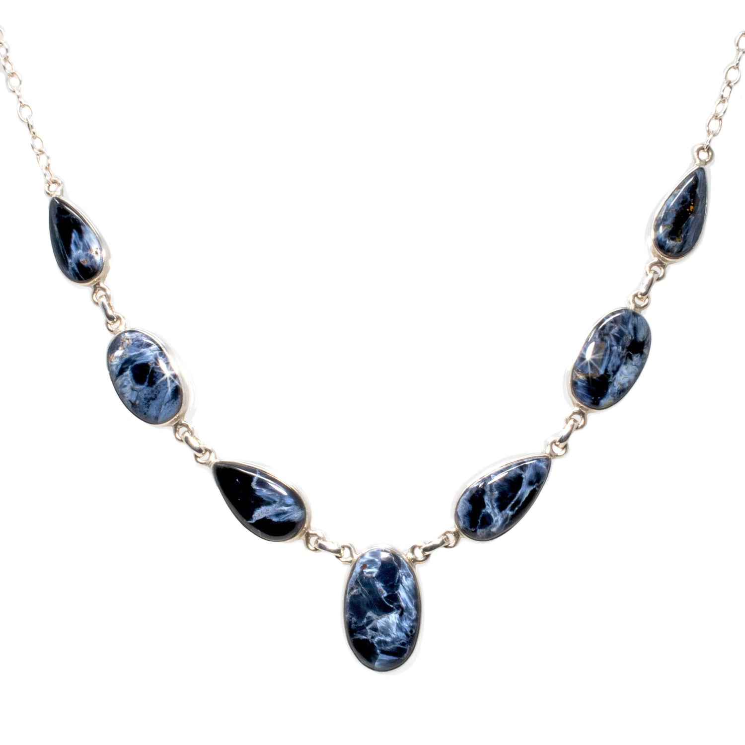 Pietersite Necklace - Oval & Pear Cabochons with Silver Bezels with Half-Rounded Box Chain Links