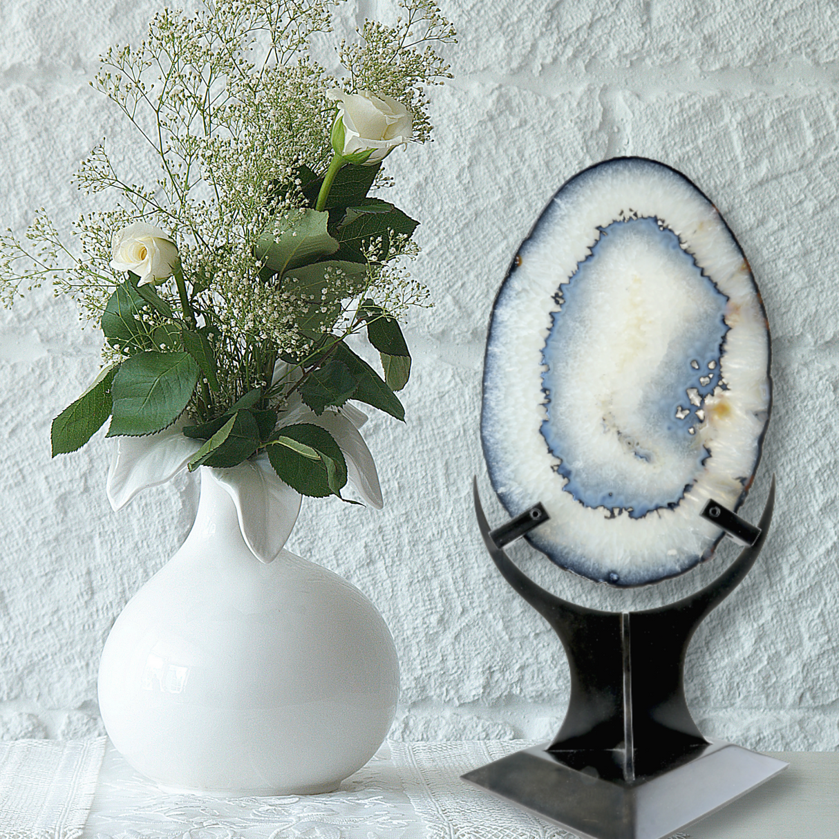 Agate Slice with Dark Blue Bands & Natural Egg Shape - Double-Sided Polish in Custom Crescent Stand