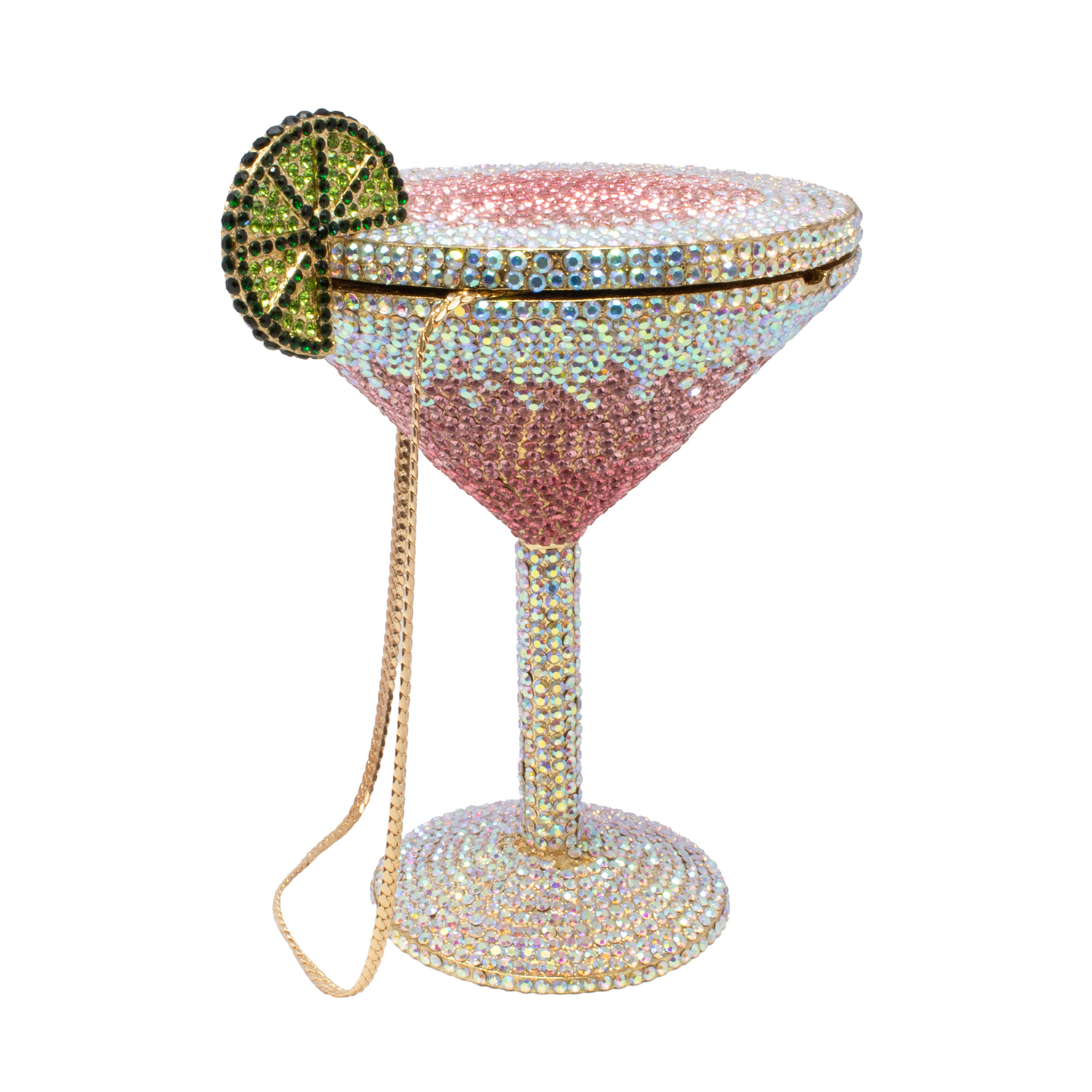 Martini Glass Crystal Purse with Chain - White, Pink & Green