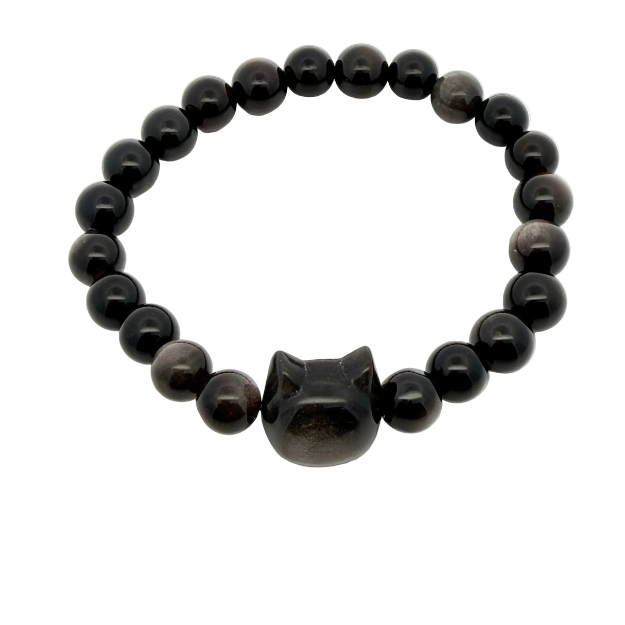 Bracelet perlé avec tête de chat sculptée et perles rondes de 8 mm avec entretoises dorées