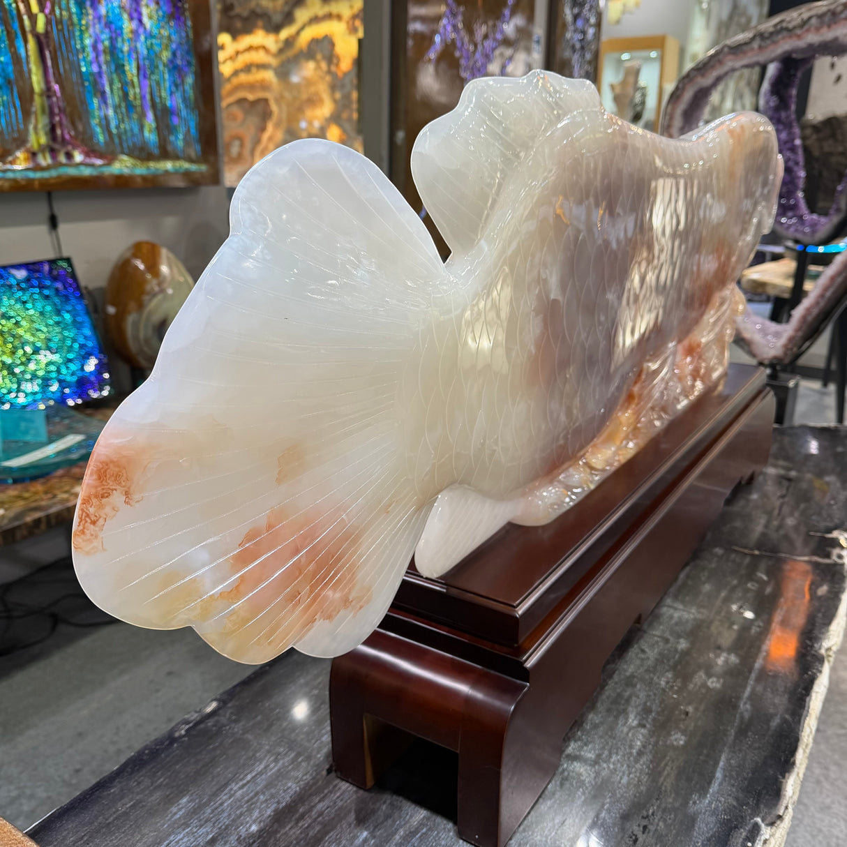Exquisite Red Skin Mutton Fat Nephrite Jade Fish Carving on Carved Wooden Base with Accompanying Custom Box