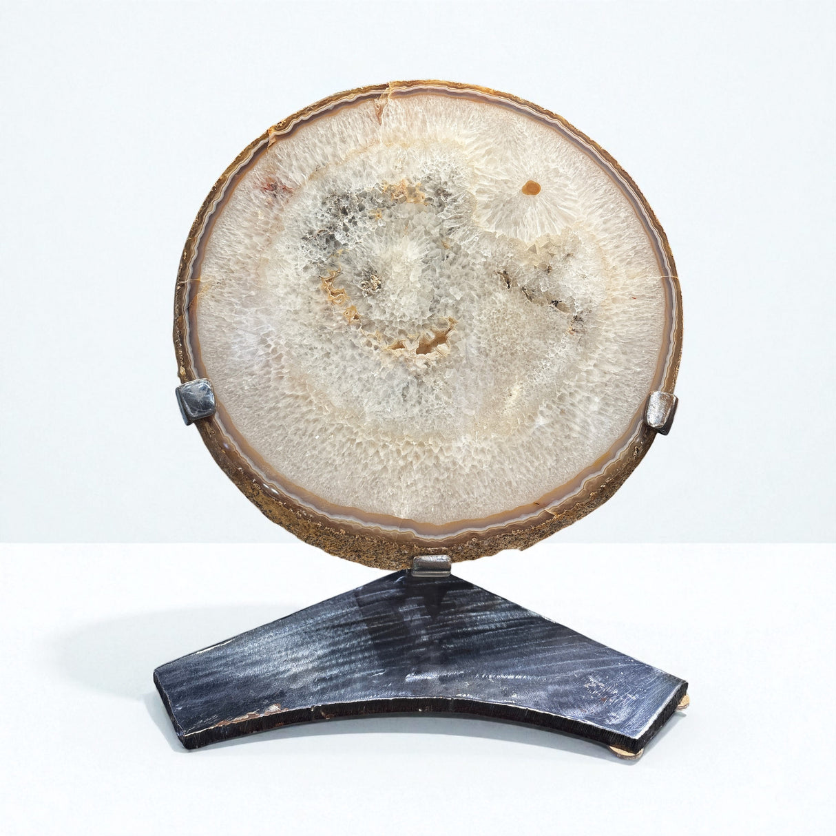 Agate Slice In Custom Stand With Brown Edge & Druze Pocket