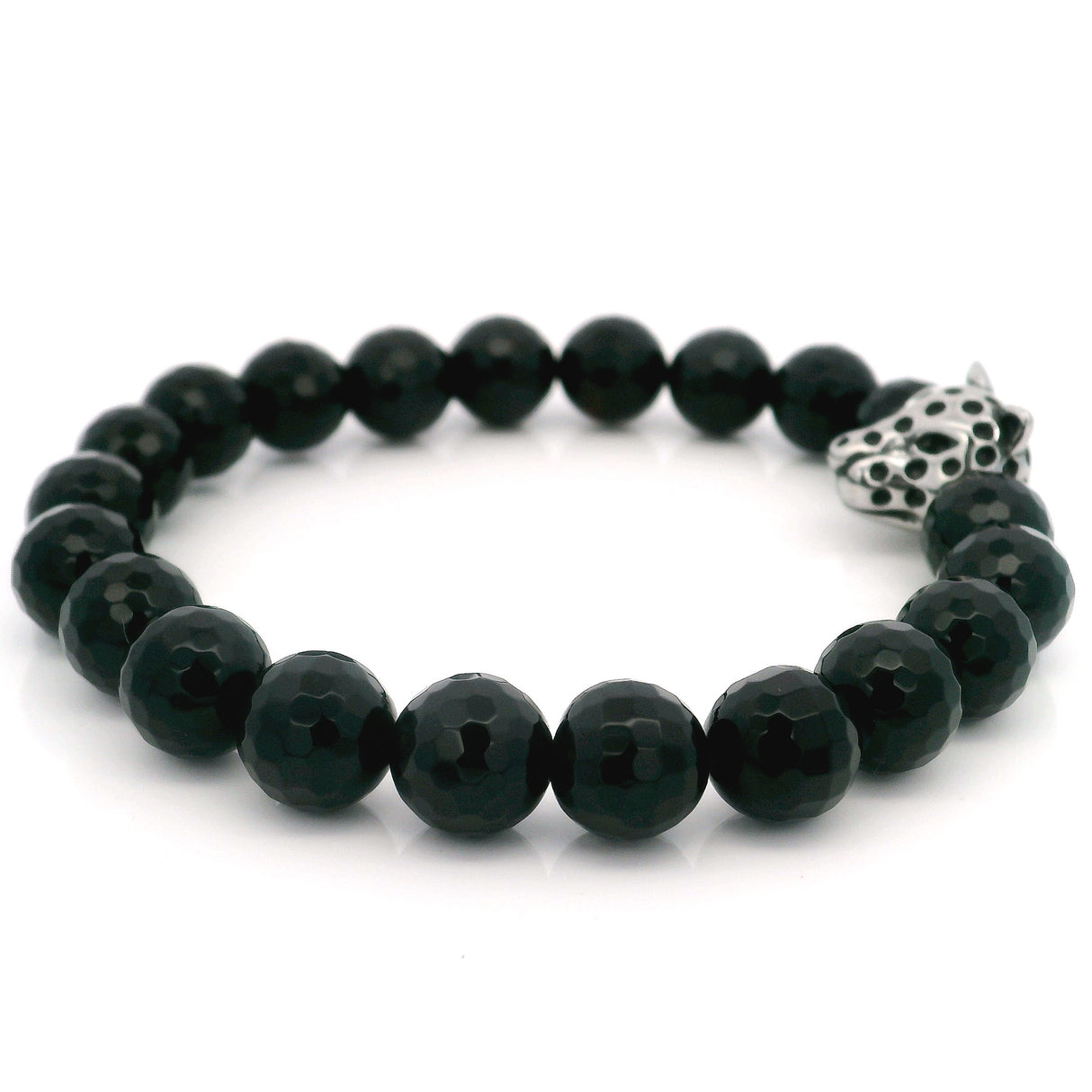 8mm Faceted Black Agate Beaded with Leopard Head Accent Bead - 6.5"