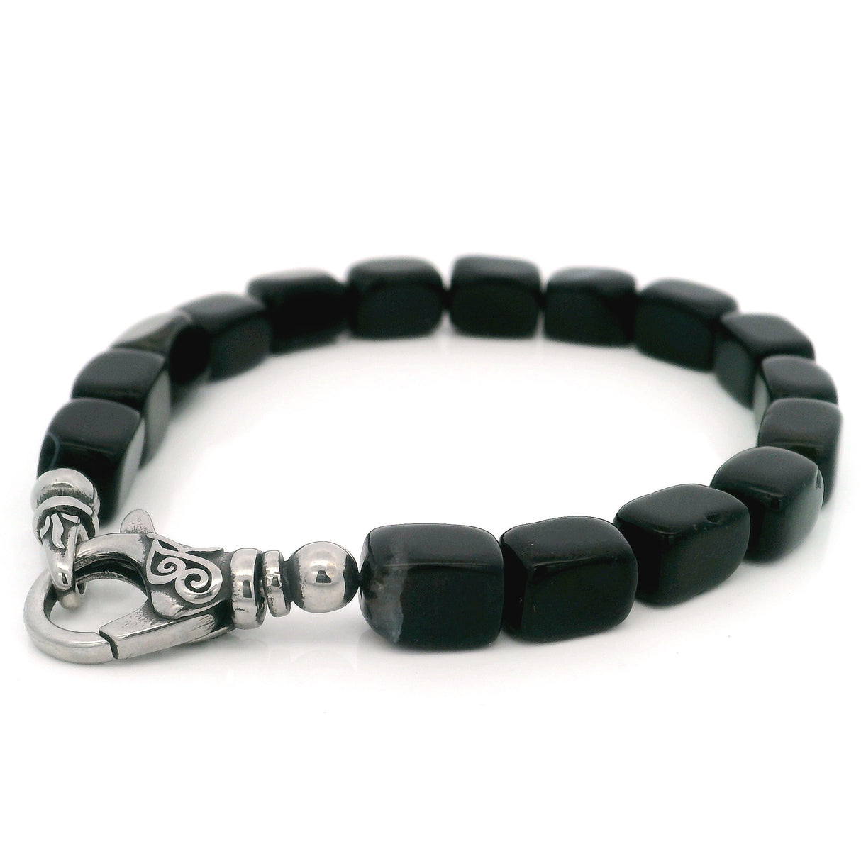 Black Agate Rectangle Beaded Bracelet with Oxidized Designer Trigger Clasp