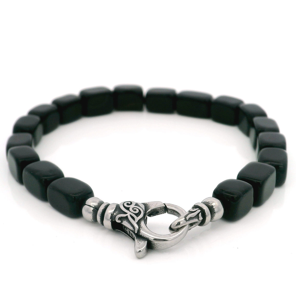 Black Agate Rectangle Beaded Bracelet with Oxidized Designer Trigger Clasp