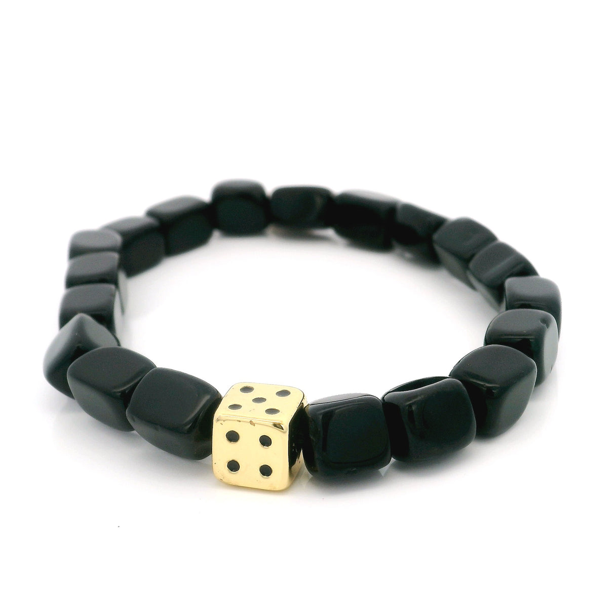 Black Agate Rectangular Beaded Bracelet with Gold Dice Accent