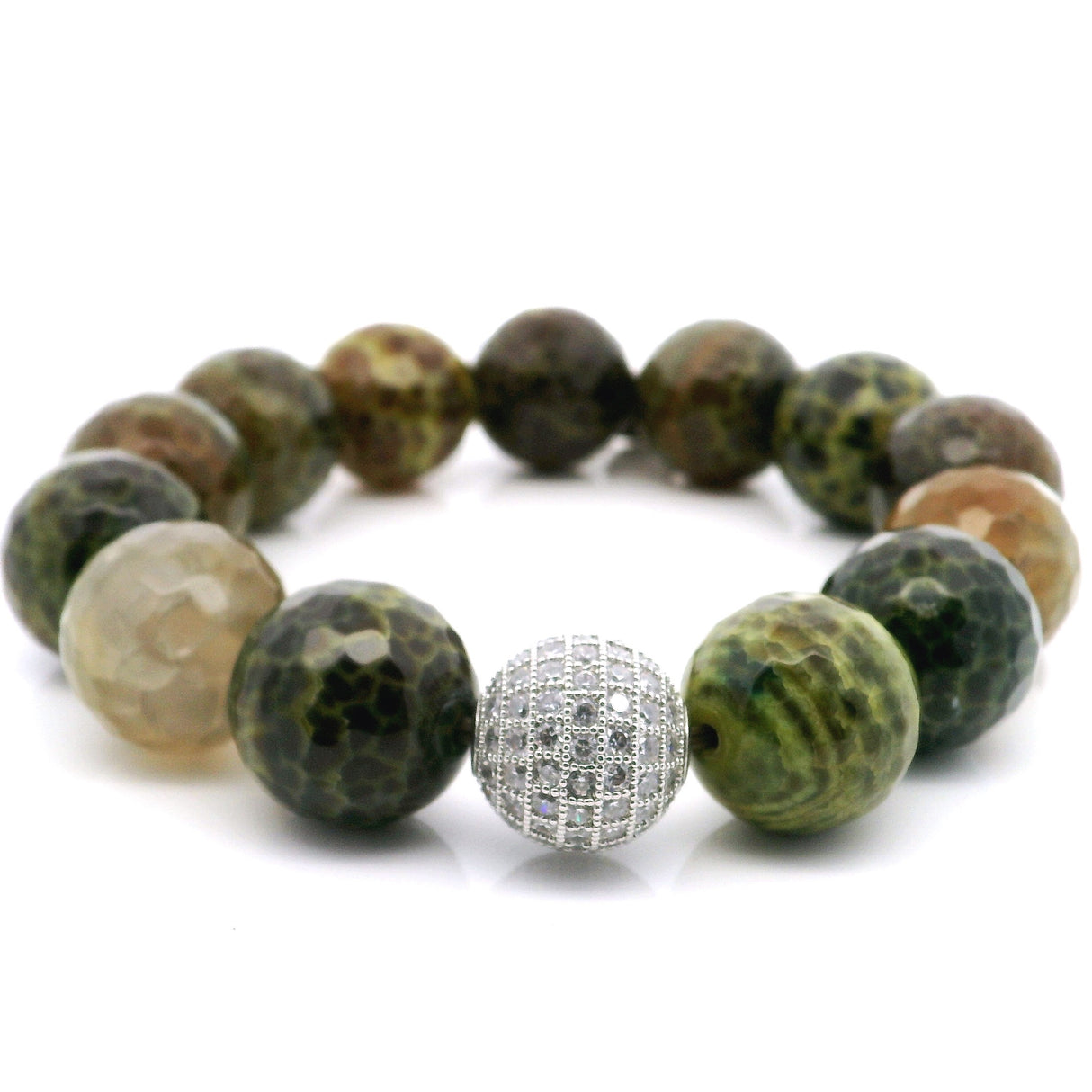 16mm Faceted Fancy Agate Beaded Bracelet with Silver Cz Accent Bead