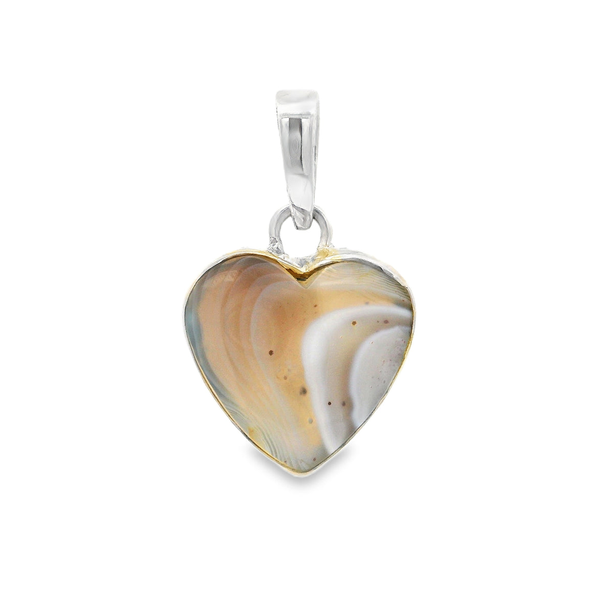 Botswana agate heart pendant, amber and cream banding in silver bezel, alternate side
